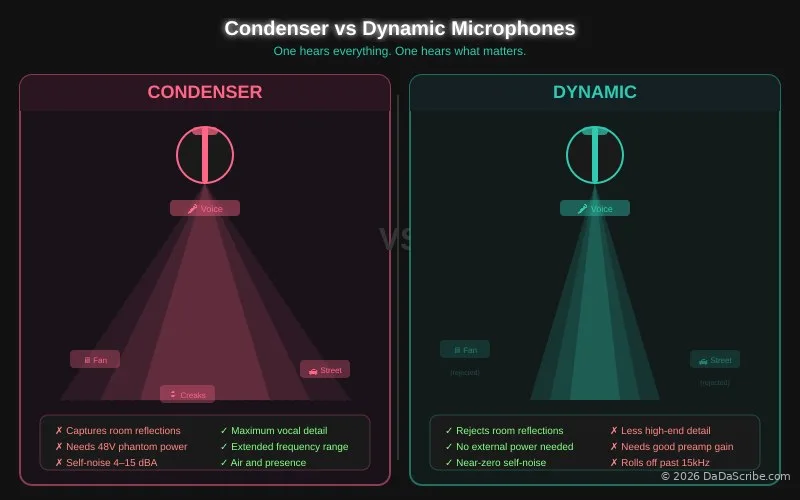 Side-by-side diagram comparing condenser and dynamic microphone pickup patterns