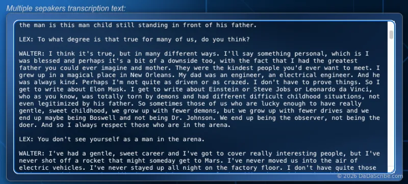 DaDaScribe demo page showing a diarized multi-speaker transcript output of Lex Fridman Walter Isaacson interview (screenshot)
