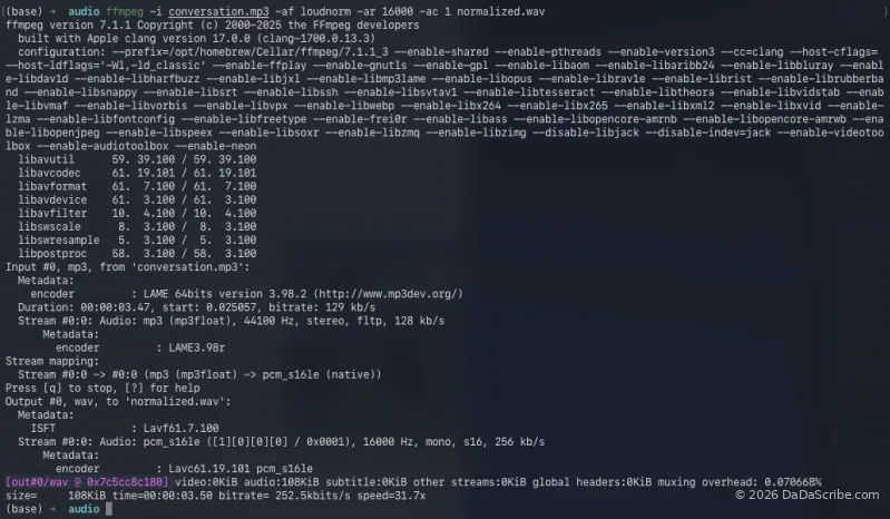 Terminal screenshot showing the loudnorm command and the input versus output loudness stats